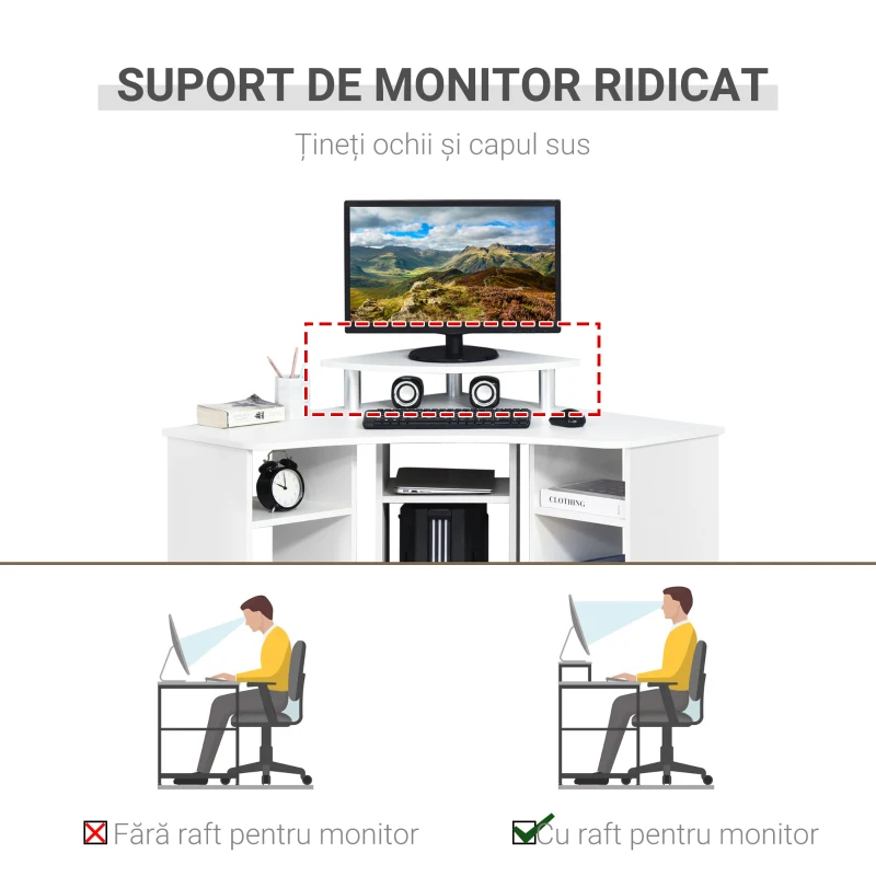 HOMCOM Birou Unghiular pentru Camera Birou pentru Computer din Lemn cu Raft pentru Monitor