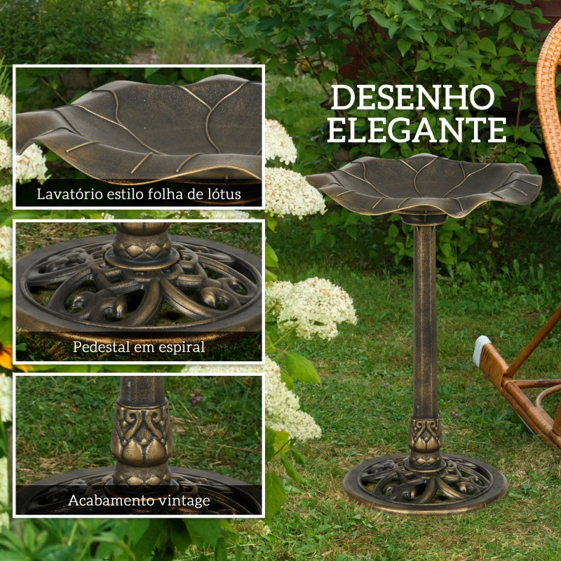 Outsunny Banho para Pássaros de Jardim Exterior 71 cm com Design Folha de Lótus e Acabamento Envelhecido Leve e Resistente Bronze
