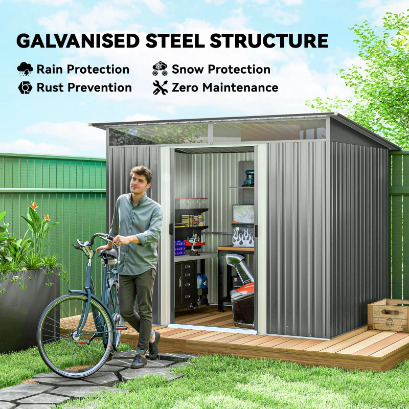 Outsunny 9ft x 6.5ft Garden Storage Shed with Top Window, Metal Outdoor Shed Tool House with Double Doors, Light Grey