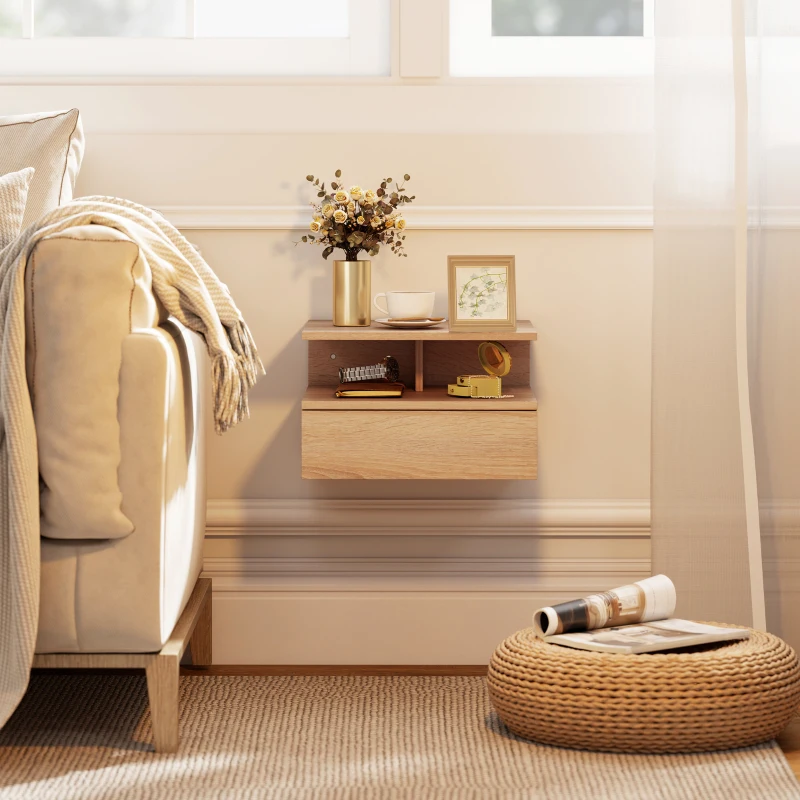 HOMCOM Set da 2 Comodini Moderni Sospesi con Cassetto e Ripiano in Legno 35x32x22.5cm, Rovere