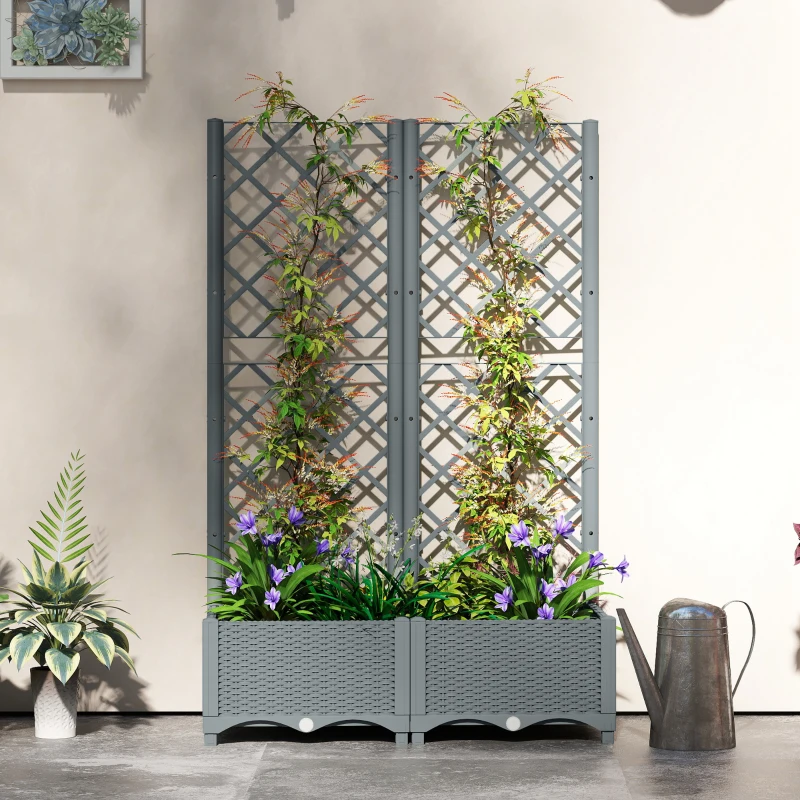 Outsunny Raised Garden Bed with Trellis, Plastic Planter Box with Drainage Holes, Drain Plugs and Water Reservoirs for Climbing Plants, Vegetables, Flowers, Grey