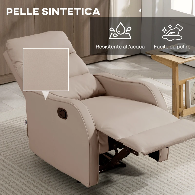 HOMCOM Poltrona Reclinabile 160° max con Poggiapiedi, in Pelle PU, Legno e Acciaio, 65x89x100 cm, Marrone Chiaro