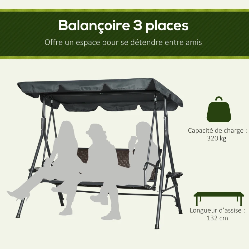 Outsunny Balancelle de jardin 3 places toit inclinaison réglable avec porte-gobelets et plateaux assise dossier ergonomique