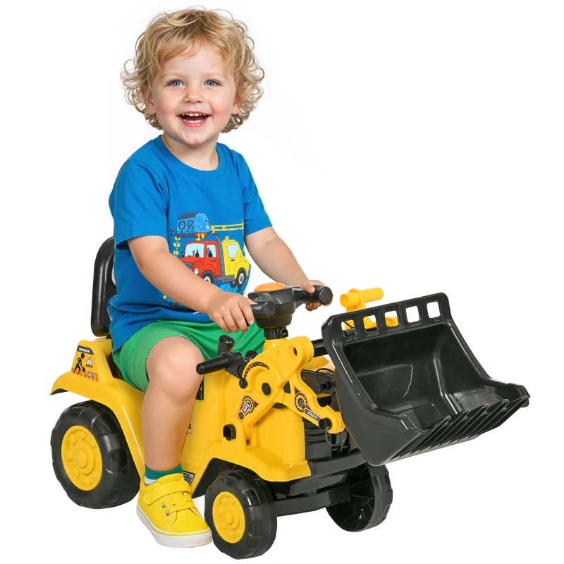 HOMCOM Ride On Tractor, 3 in 1 Ride On Excavator Toy, Toddler Digger Bulldozer with Storage, Pretend Play Construction Truck, NO POWER for 18-48 Months, Yellow