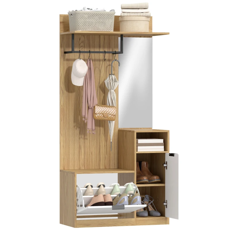 HOMCOM Garderobe für Eingangsbereich mit Schuhschrank, Schrank, offenen Regalen und 4 Haken 80x37x168 cm Eiche