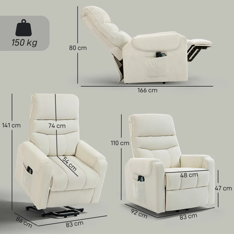 HOMCOM Sillón Levanta Personas con 8 Punto de Masaje Reposapiés Mando a Distancia y Bolsillo Lateral 83x92x110 cm Beige