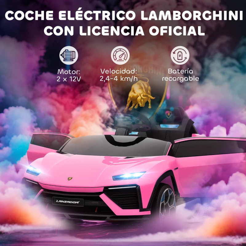 AIYAPLAY Coche Eléctrico para Niños de +3 Años con licencia Lamborghini Batería 12V Mando a Distancia 2,4 G Motor Doble Rosa