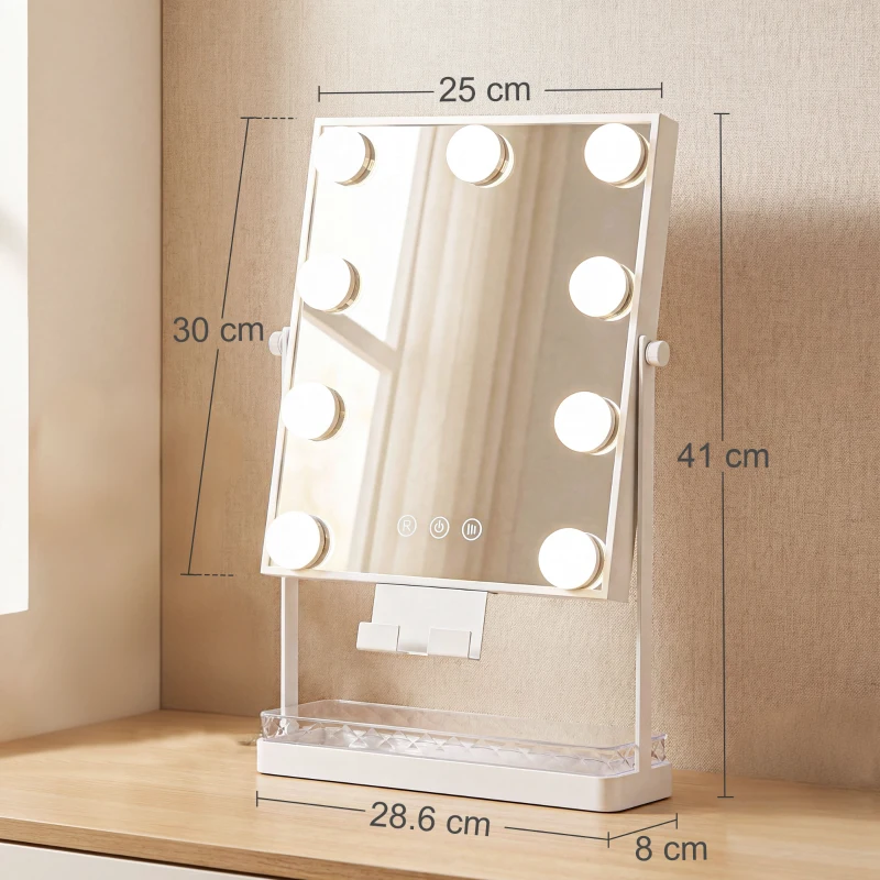 HOMCOM Hollywood Make-up-Spiegel mit Beleuchtung 9 LED-Lampen 3 Farben Touch-Schalter Handyhalter Weiß