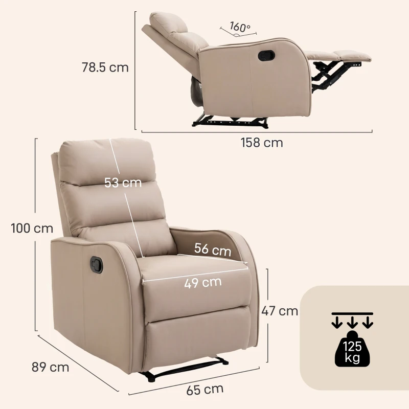 HOMCOM Poltrona Reclinabile 160° max con Poggiapiedi, in Pelle PU, Legno e Acciaio, 65x89x100 cm, Marrone Chiaro