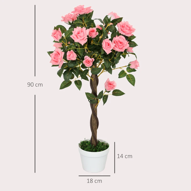 Outsunny Set of 2 Artificial Plants Pink Rose Floral in Pot, Fake Plants for Home Indoor Decor, 90cm
