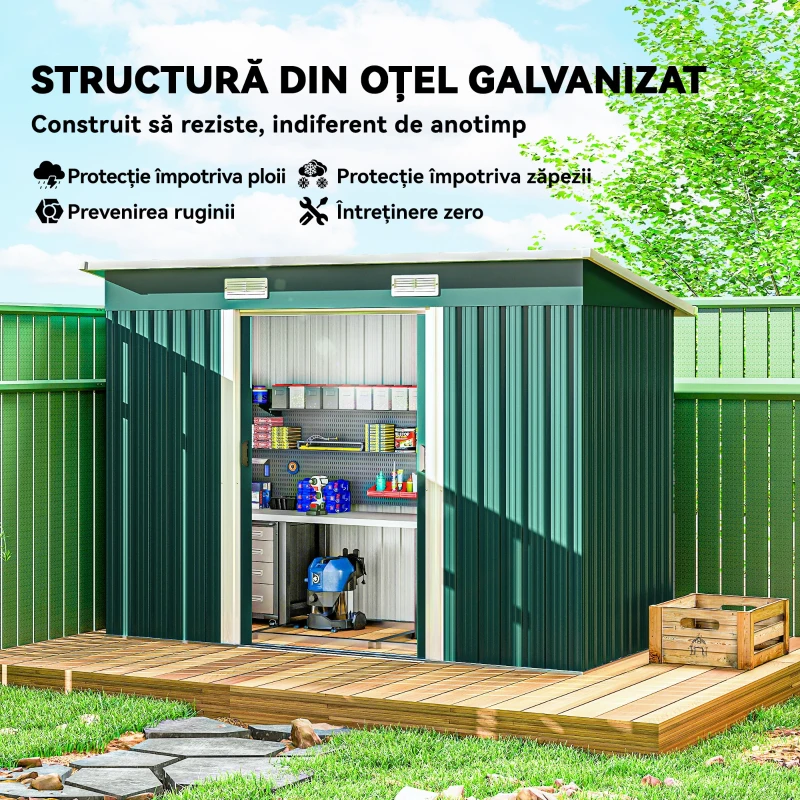 Outsunny Căsuță de Grădină 3,18m² din Oțel Zincat cu 2 Guri de Aerisire, Depozit pentru Unelte cu Uși Duble Culisante, Acoperiș Înclinat, 272x134x182 cm, Verde Întunecat