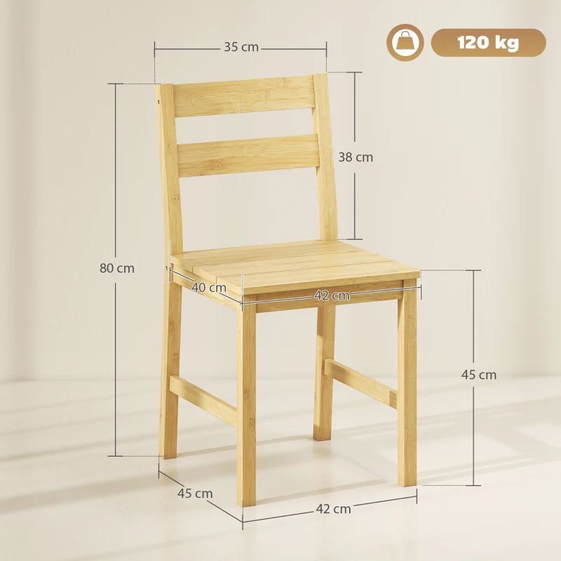 HOMCOM Set de 2 scaune de sufragerie din bambus, scaune de bucătărie fără brațe cu șezut cu lamele, lemn natural