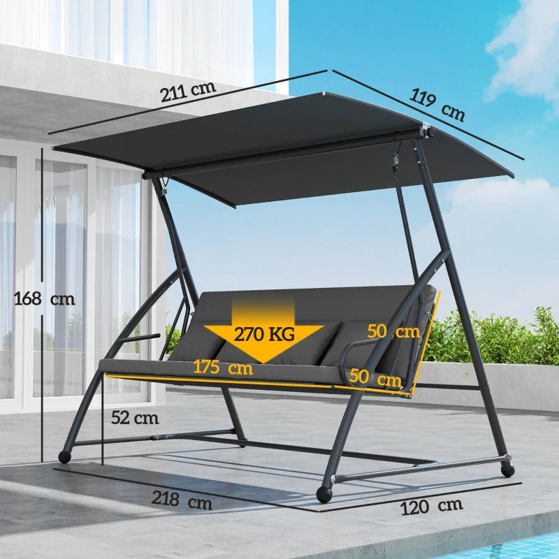 Outsunny Outdoor 2-in-1 Swing Chair Lounger 3 Seater Garden Swing Seat Bed Convertible Tilt Canopy W/ Cushion, Dark Grey