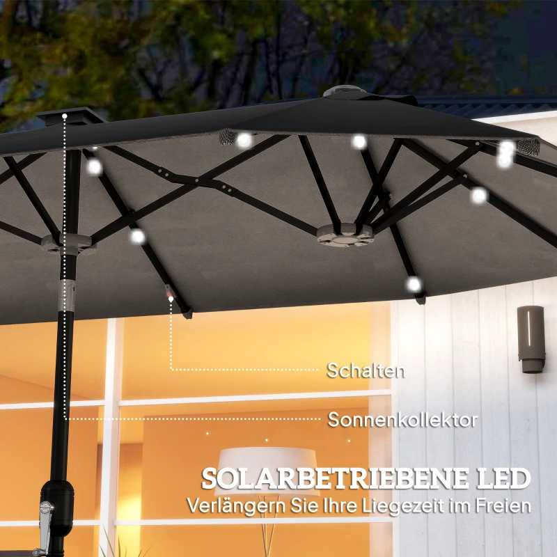 Outsunny Doppelschirm, Terrassenschirm, neigbar, mit Solarpaneel, 35 LEDs, Stahlrahmen, grau, 2,92 x 1,50 x 2,18 m