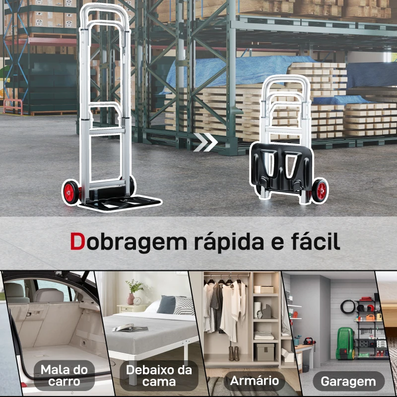 HOMCOM Carro de Transporte Dobrável de Alumínio com Cabo Telescópico Ajustável Carga 90 kg 40x41x108 cm Prateado e Preto