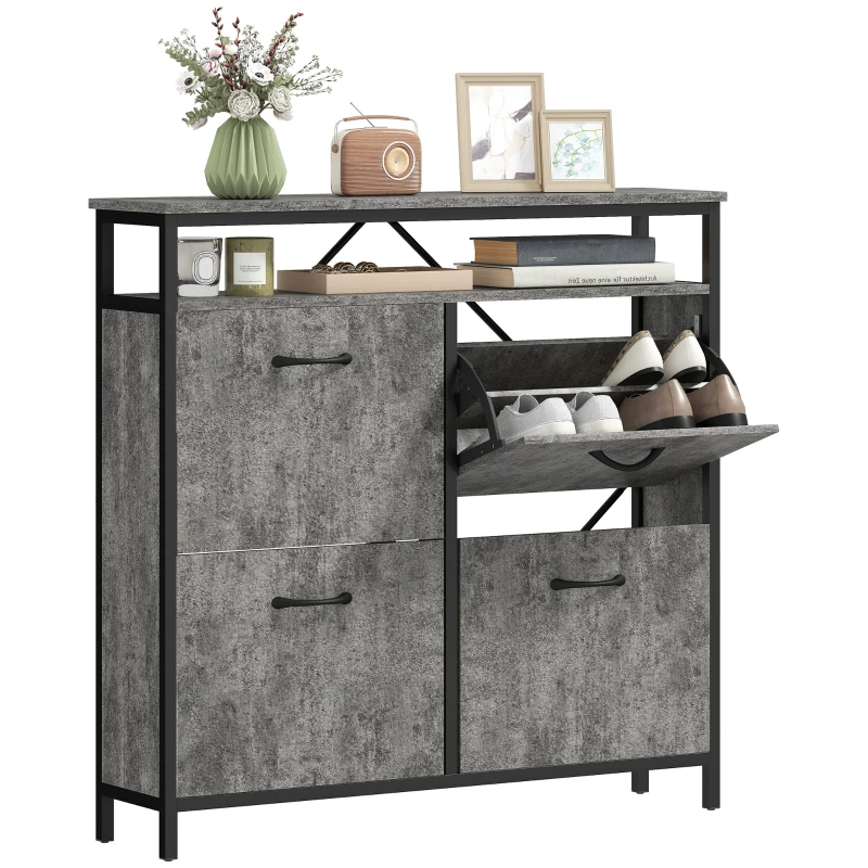 HOMCOM Shoe Storage Cabinet with 4 Flip Drawers and Open Shelf - Cement Grey