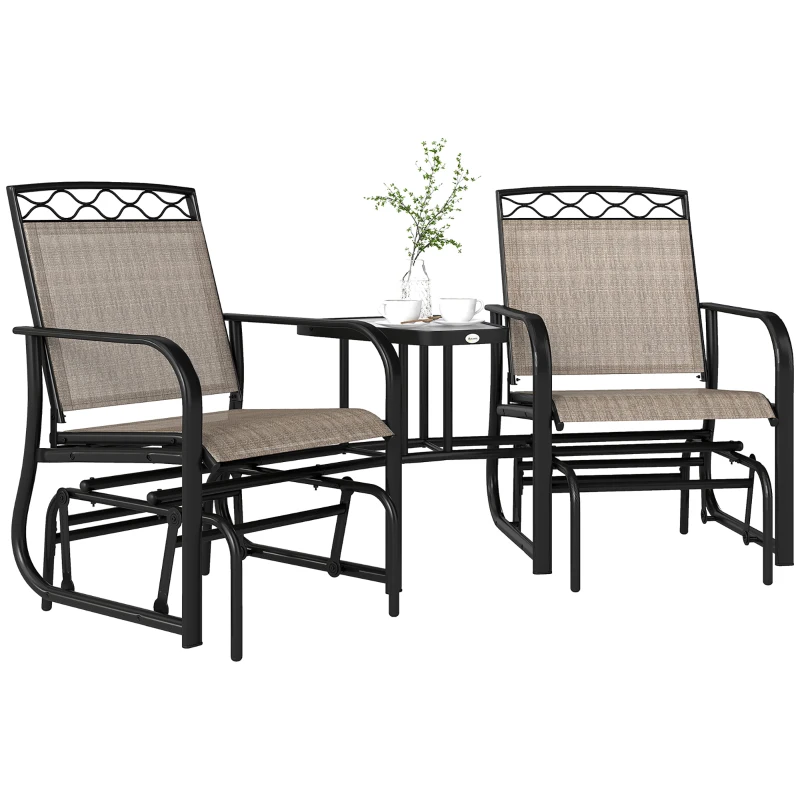 Outsunny Double Outdoor Glider Chair, 2 Seater Patio Rocking Chairs, Swing Bench with Tempered Glass Table, Breathable Mesh Fabric for Backyard, Garden, Porch, Brown