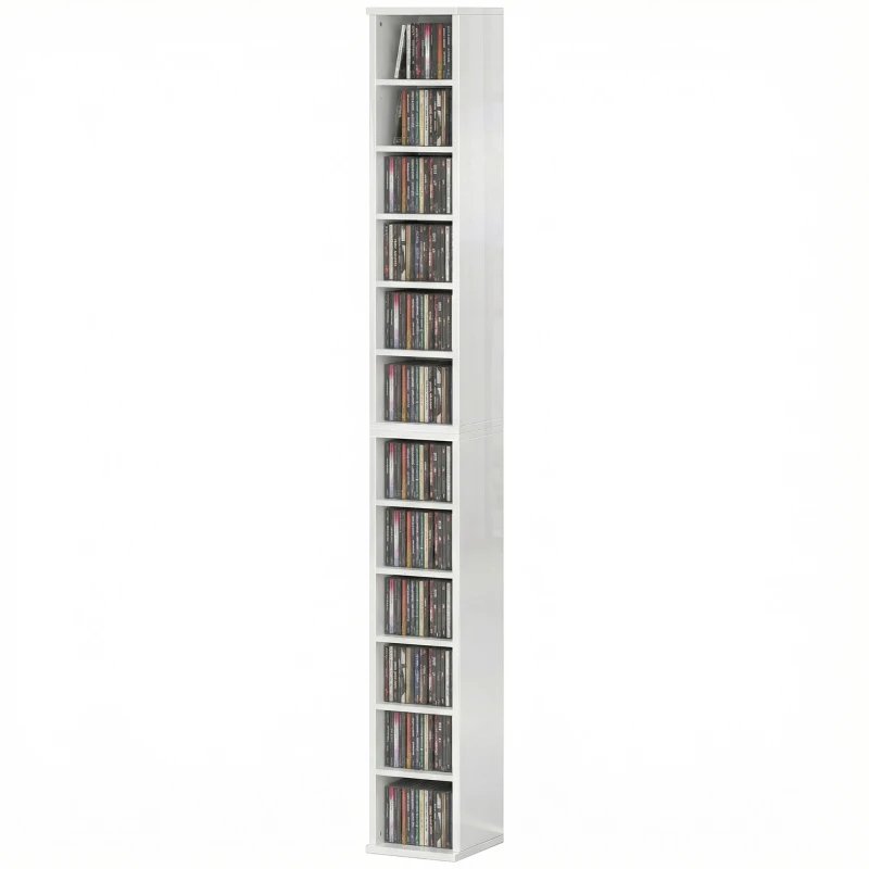 HOMCOM Set of 2 CD Media Display Shelf Unit Tower Rack with Adjustable Shelves, High Gloss White