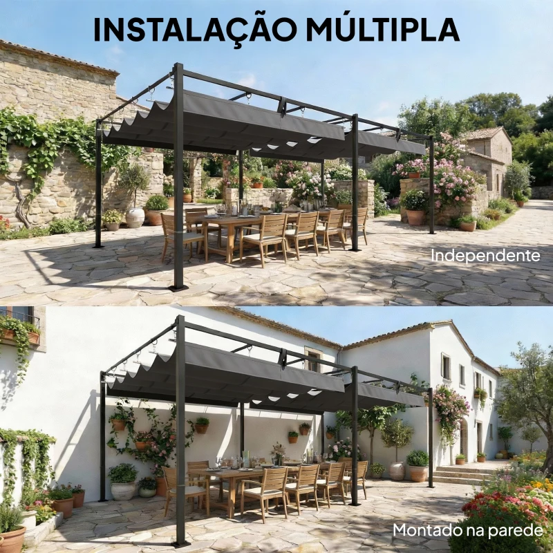 Outsunny Pérgola de Jardim 6x3 m com Telhado Retrátil Proteção UPF50+ Drenagem Pavilhão de Jardim para Pátio Exterior Cinzento Escuro