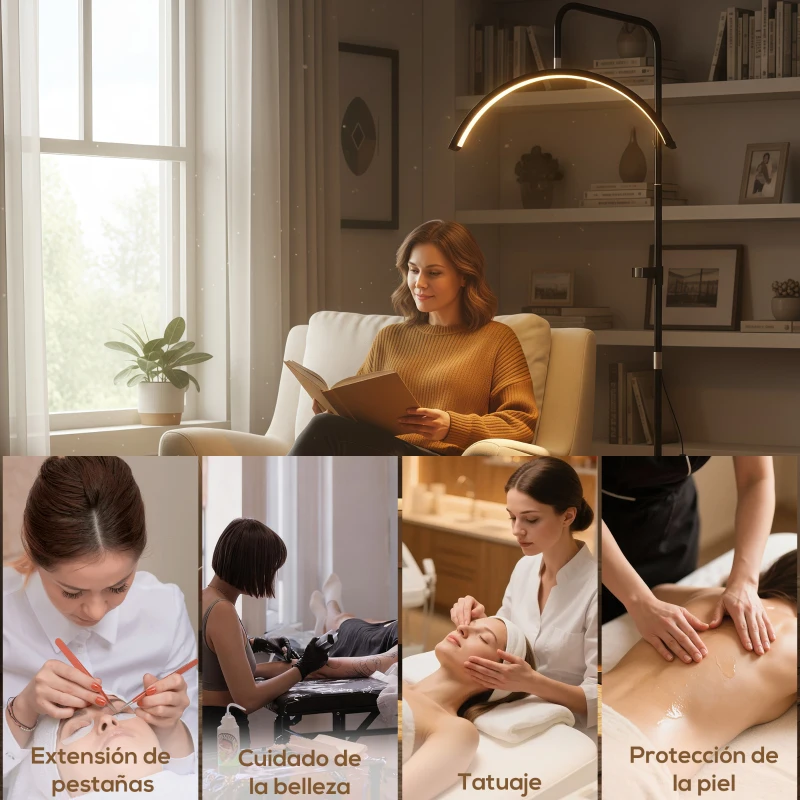 HOMCOM Lámpara Pestañas Media Luna con Cabeza Giratoria 350° 7 Temperaturas de Color Brillo Ajustable Soporte para Teléfono