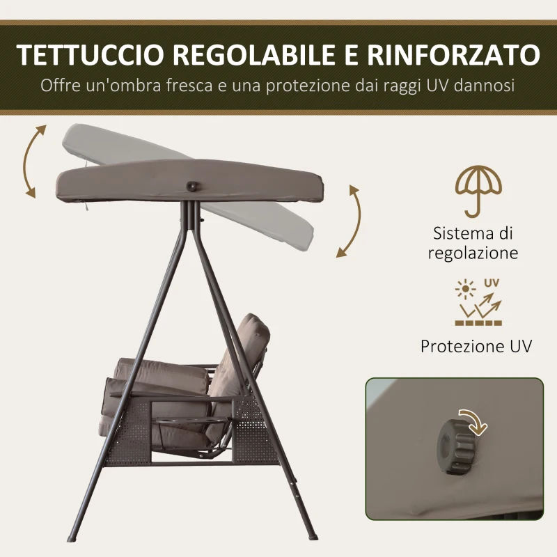Outsunny Dondolo da Giardino 3 Posti con Tetto Regolabile, Portabicchieri e Cuscini, 208x121x172 cm, Marrone