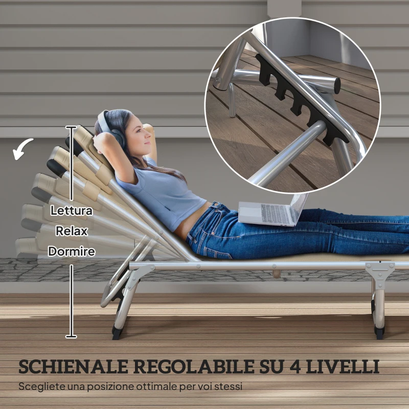 Outsunny Sdraio Pieghevole con Poggiatesta e Schienale Regolabile in Alluminio, 60x165x76 cm, Beige