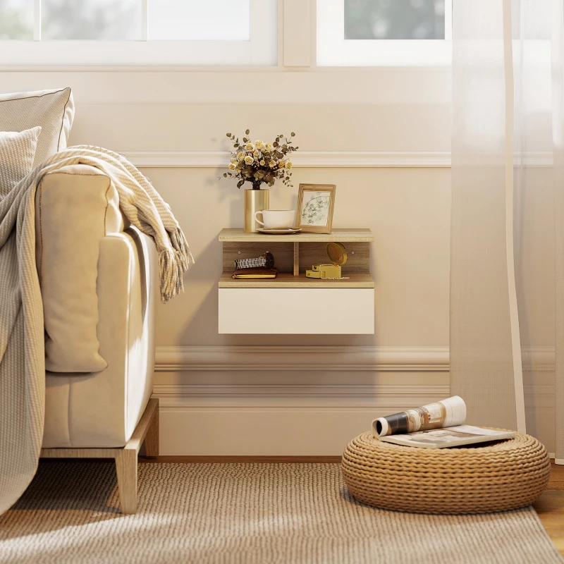 HOMCOM Set da 2 Comodini Sospesi con Cassetto e Ripiano Superiore, in Legno, 35x32x22.5 cm, Bianco e Rovere