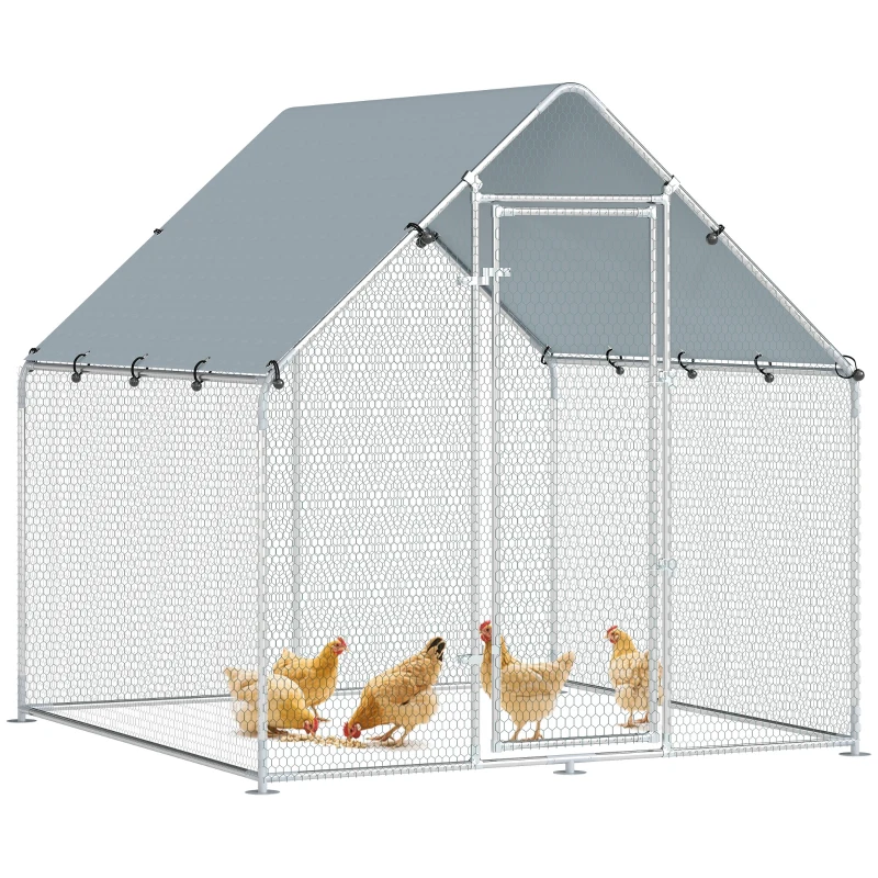 PawHut Gallinero Exterior de Acero Galvanizado con Techo y Puerta, 200x200x200 cm, Plateado