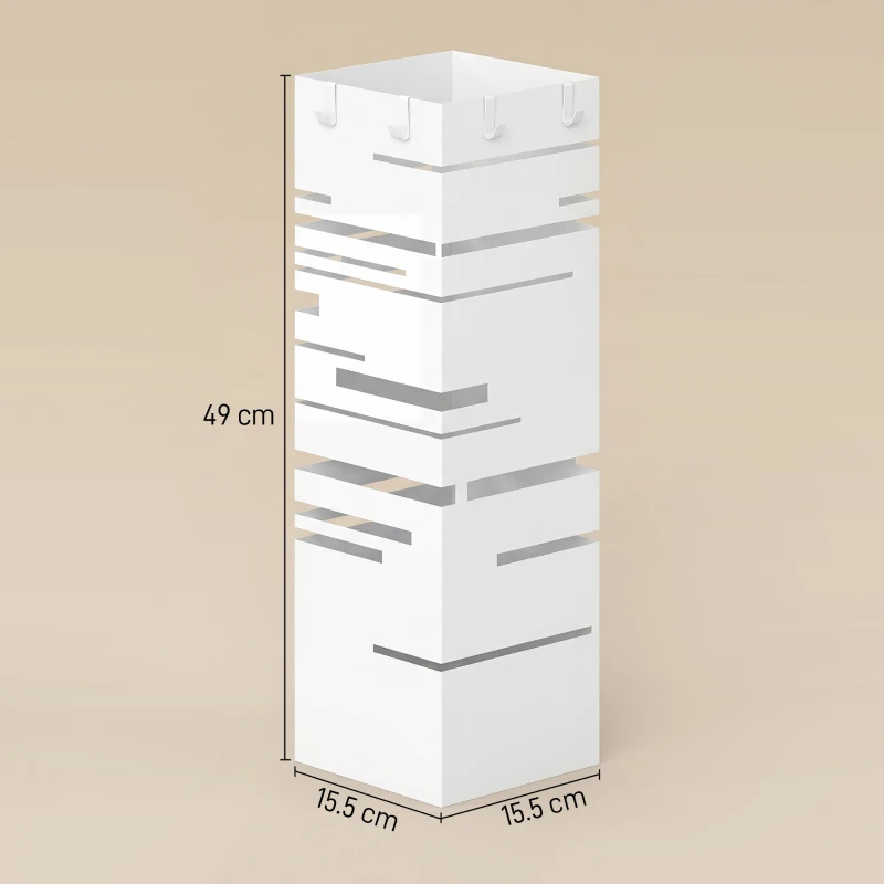 HOMCOM Suport pentru umbrele metalic cu 4 cârlige și tavă colectoare detașabilă pentru hol, birou 15,5x15,5x49 cm Alb