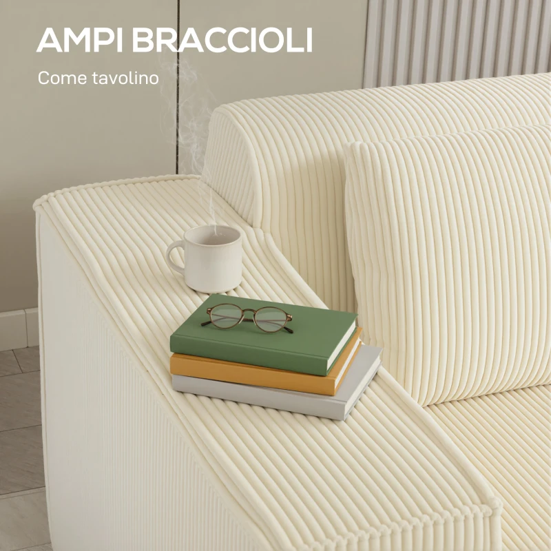 HOMCOM Divano 3 Posti Modulare con Seduta Profonda, Braccioli Larghi e 2 Cuscini in Velluto a Coste, Beige