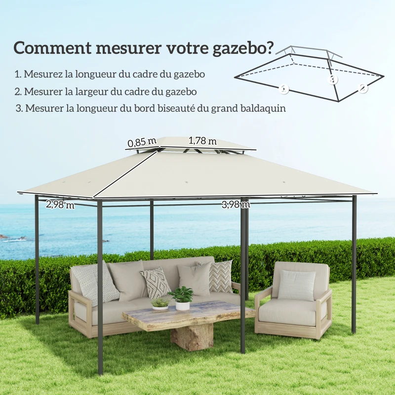 Outsunny Toile de rechange pour pavillon toile de tonnelle 4 x 3 m, double toit avec trous de drainage, polyester 180 g/m², crème