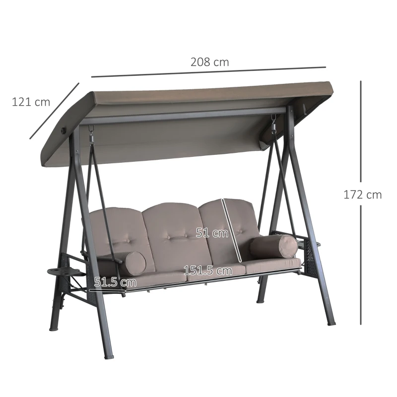 Outsunny Dondolo da Giardino 3 Posti con Tetto Regolabile, Portabicchieri e Cuscini, 208x121x172 cm, Marrone