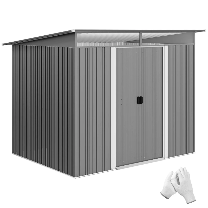 Outsunny 9ft x 6.5ft Garden Storage Shed with Top Window, Metal Outdoor Shed Tool House with Double Doors, Light Grey