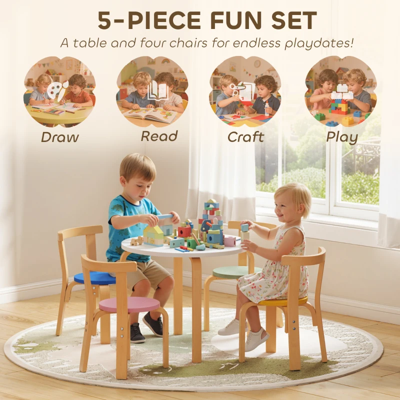 AIYAPLAY 5 Piece Kids Table and Chairs Set, Wooden Toddler Table and Chairs Set for Nursery, Playroom, Classroom, for 3-8 Years