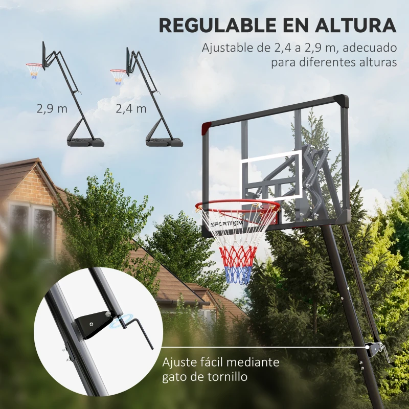 SPORTNOW Canasta de Baloncesto Ajustable 236-293 cm con Ruedas Tablero de PC Base Rellenable para Exterior Negro