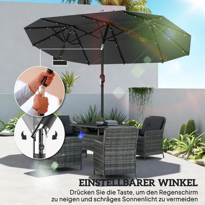Outsunny Doppelschirm, Terrassenschirm, neigbar, mit Solarpaneel, 35 LEDs, Stahlrahmen, grau, 2,92 x 1,50 x 2,18 m