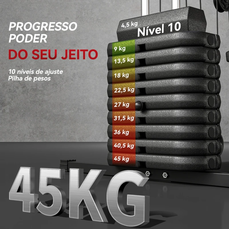 HOMCOM Máquina de Musculação com Pesos Ajustáveis de 45 kg, Press de Peito e Pernas, Polia, 135x103x200 cm, Preto