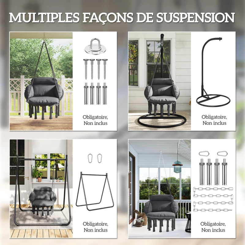 Outsunny Chaise suspendue avec grand coussin rembourré hamac fauteuil suspendu à franges kit de suspension 80 x 60 x 40 cm gris foncé