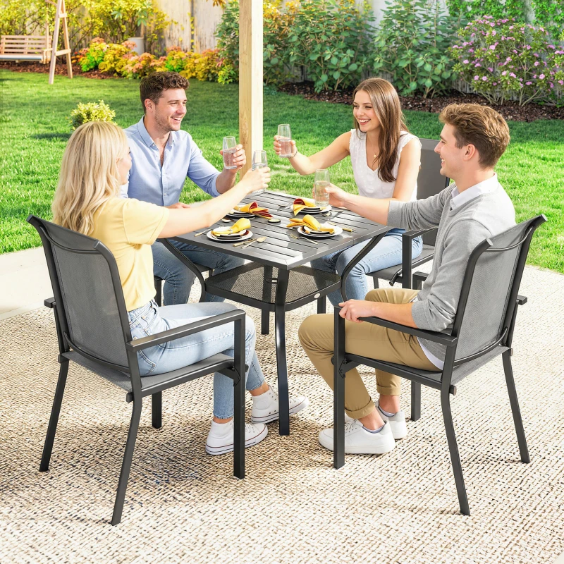 Outsunny Conjunto Mesa e Cadeiras para Jardim 5 Peças Conjunto de Refeição com Mesa Orifício para Guarda-Sol 4 Cadeiras Empilháveis em Texteline Estrutura em Aço Conjunto de Mobiliário de Jardim para Terraço Pátio Cinza