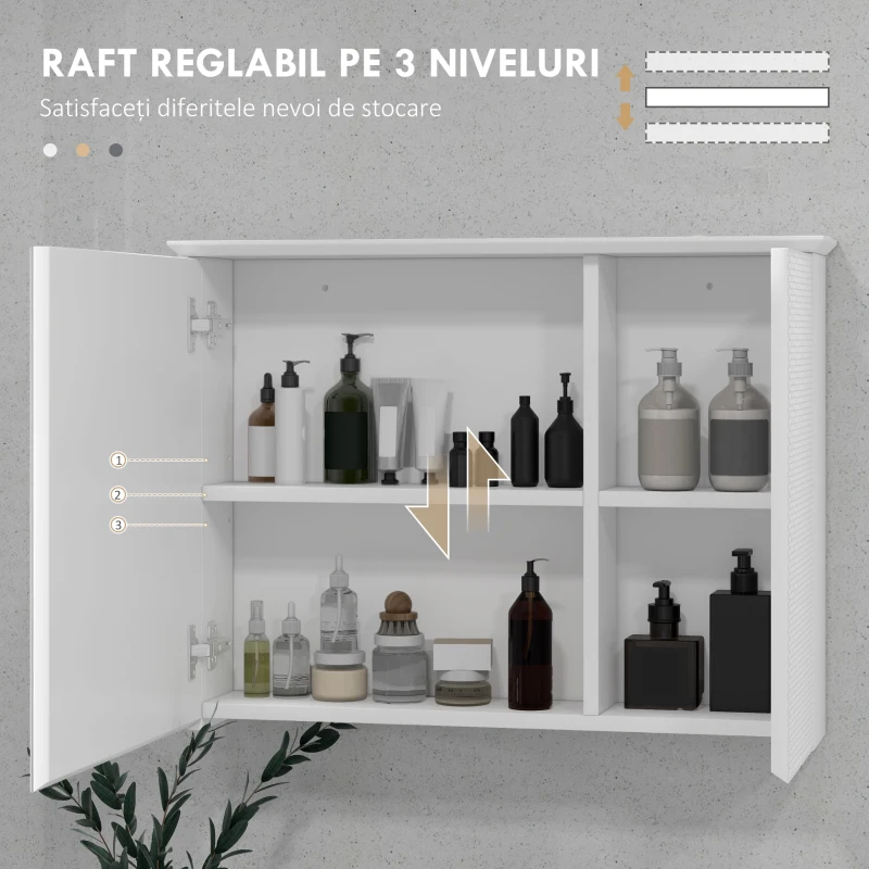 HOMCOM Dulap cu Oglindă și Rafturi Reglabile pe 3 Nivele, Oglindă de Perete din Sticlă și Lemn, 65x15x49 cm, Alb