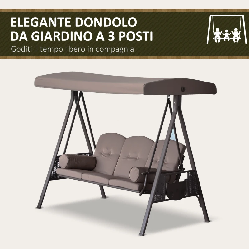 Outsunny Dondolo da Giardino 3 Posti con Tetto Regolabile, Portabicchieri e Cuscini, 208x121x172 cm, Marrone