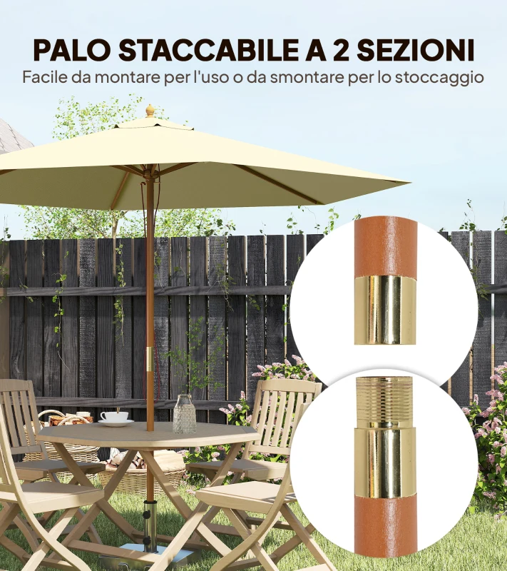 Outsunny Ombrellone da Giardino 2.5x2.3 m a 6 Stecche in Legno Laccato e Poliestere, Beige
