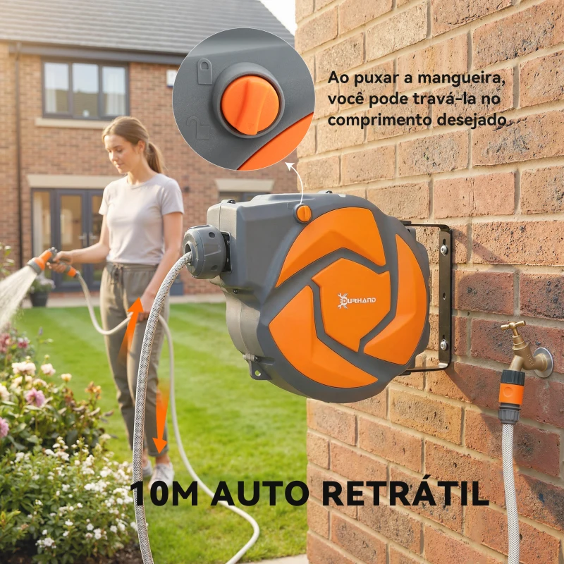 DURHAND Mangueira Retrátil de Parede com Carretel de 10+1 m com Retorno Automático e Bocal de 7 Funções Giratório a 180°