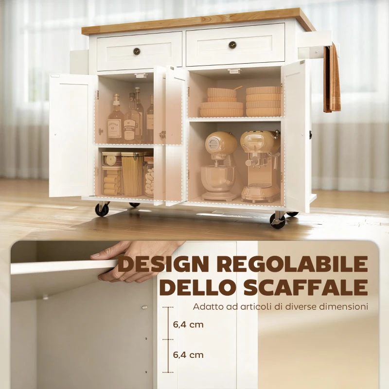 HOMCOM Carrello da Cucina con 2 Cassetti e 2 Armadietti, Isola da Cucina con Piano in Legno, Portaspezie e Porta Canovacci, Bianco