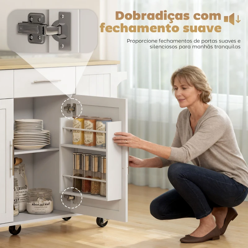 HOMCOM Ilha de Cozinha com Rodas Bancada Dobrável 2 Portas com Fecho Suave e Bandeja Extraível  129x65x91 cm Branco