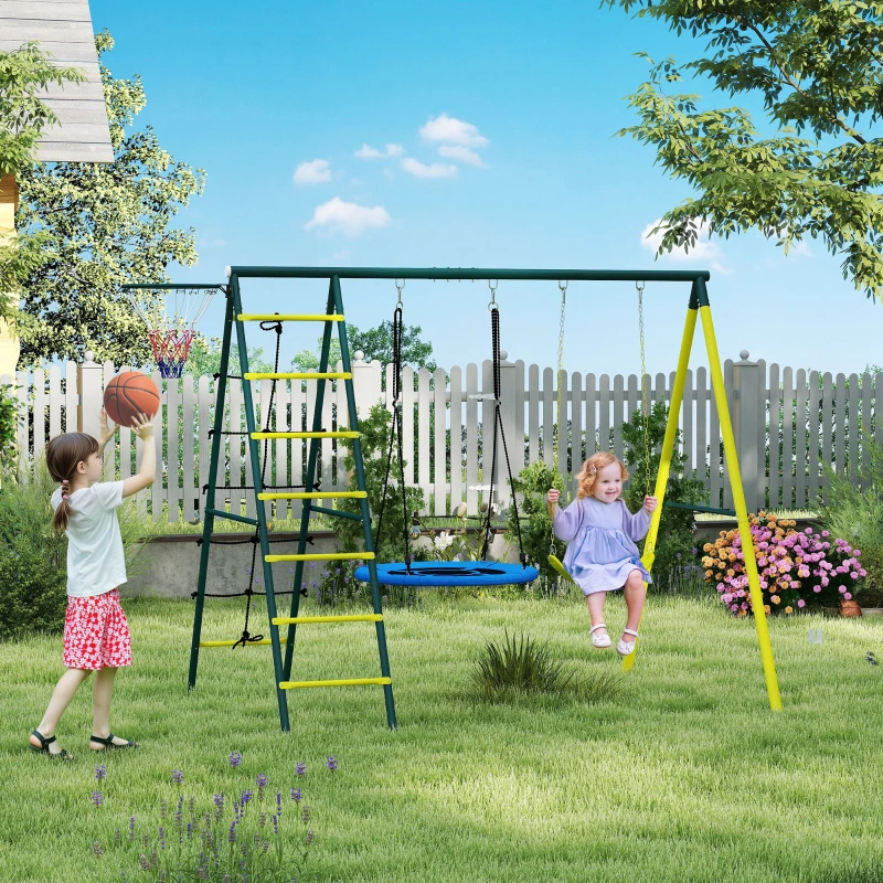 Outsunny Altalena 4 in 1 per bambini con altalena nido, rete e canestro, Giallo
