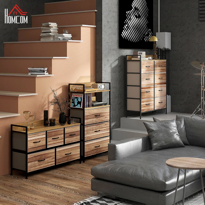 HOMCOM Cómoda com 5 Gavetas de Tecido Cómoda de Estilo Industrial com Estrutura Metálica para Quarto 98x29x63 cm Carvalho