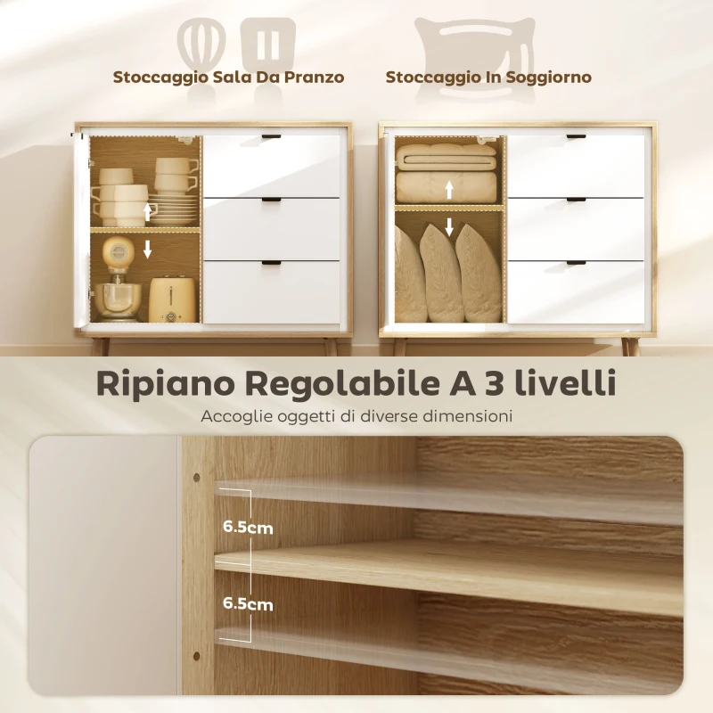 HOMCOM Credenza Moderna con 3 Cassetti e Armadietto, Ripiano Interno Regolabile e Ante Lucide, Bianco e Rovere