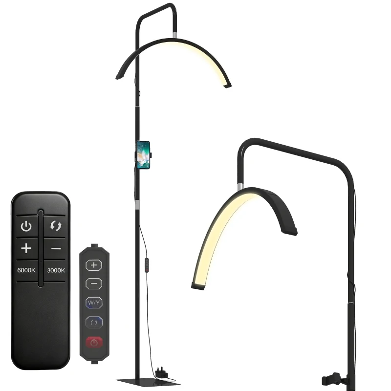 HOMCOM Lámpara Pestañas Media Luna con Cabeza Giratoria 350° 7 Temperaturas de Color Brillo Ajustable Soporte para Teléfono