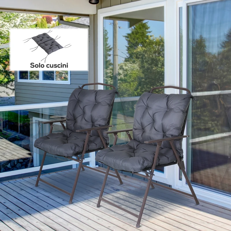 Outsunny Set 2 Cuscini per Sedie da Esterno in Poliestere e Cotone con Lacci, 50x98x8 cm, Grigio